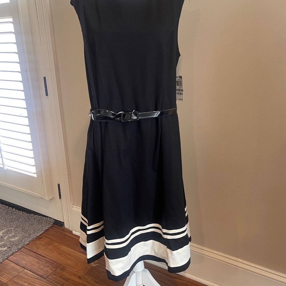 Professional and fun, plus size summer dress, black with white accents